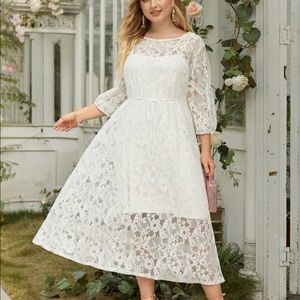Shein Plus Belted Waist Lace Overlay Dress